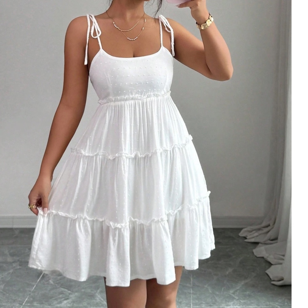 Swiss Dot Shoulder Tie Ruffle Hem Mini Dress - Picture 1 of 8